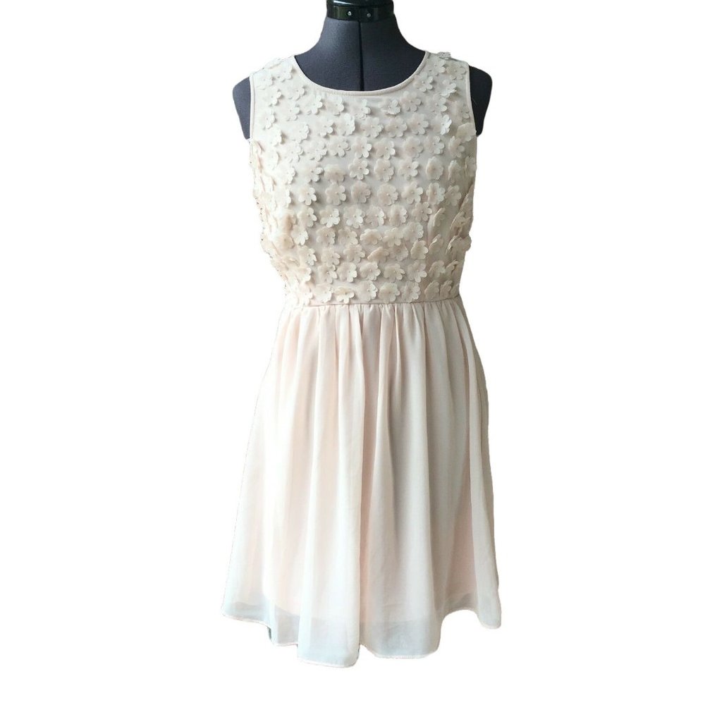 Forever 21 Sleeveless Fit & Flare Dress Blush Pink Floral Applique Chiffon Sz. S